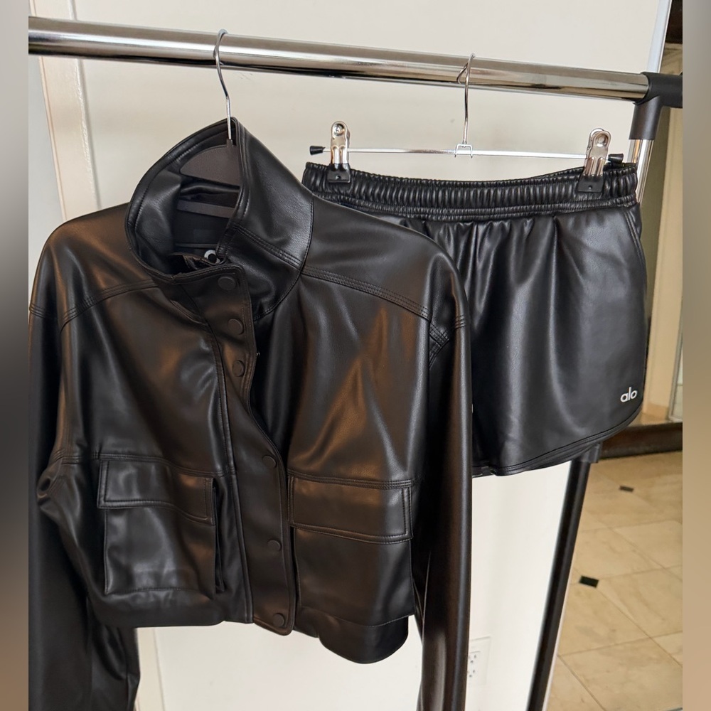 ALO Yoga Black Faux Leather Jacket & Shorts Set